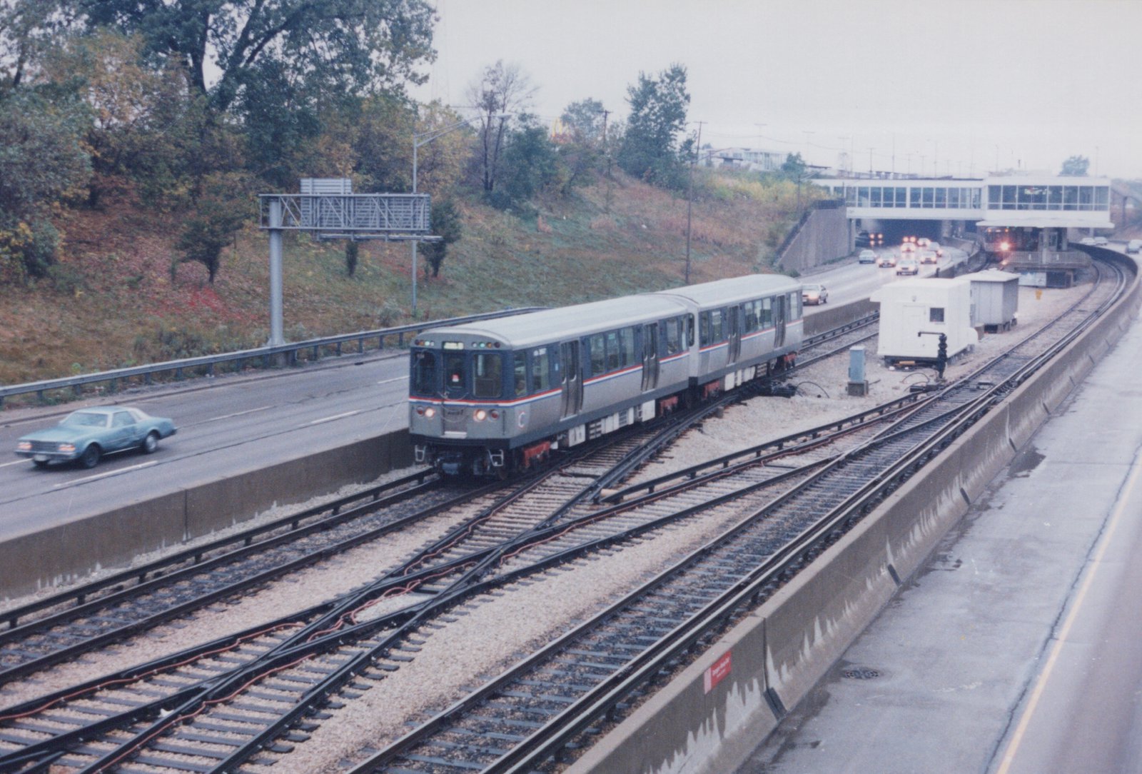 A silver Chicago Transit Authority train with the number 204 and a 'C' logo travels on tracks in an expressway median, with a blue car on the highway beside it and trees showing autumn colors in the background.