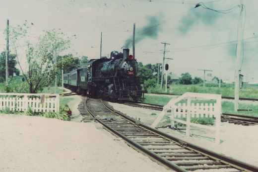 A black steam locomotive with the number 1630 on its front and side travels down the tracks, pulling passenger cars, with white picket fences and green trees nearby.
