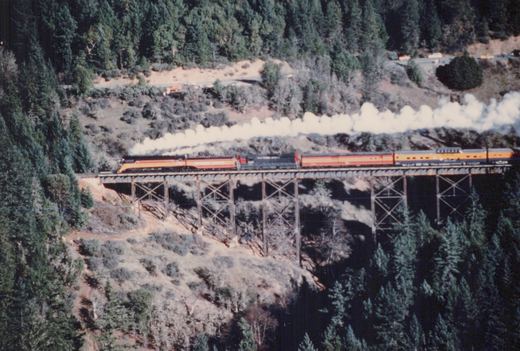 A steam locomotive pulling passenger cars crosses a high trestle bridge through a forested landscape with a plume of steam rising from its stack.