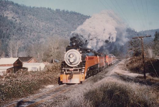 A black, orange, and yellow Southern Pacific steam locomotive numbered 4449 travels on a track through a wintery, wooded landscape with bare trees and dry grass.