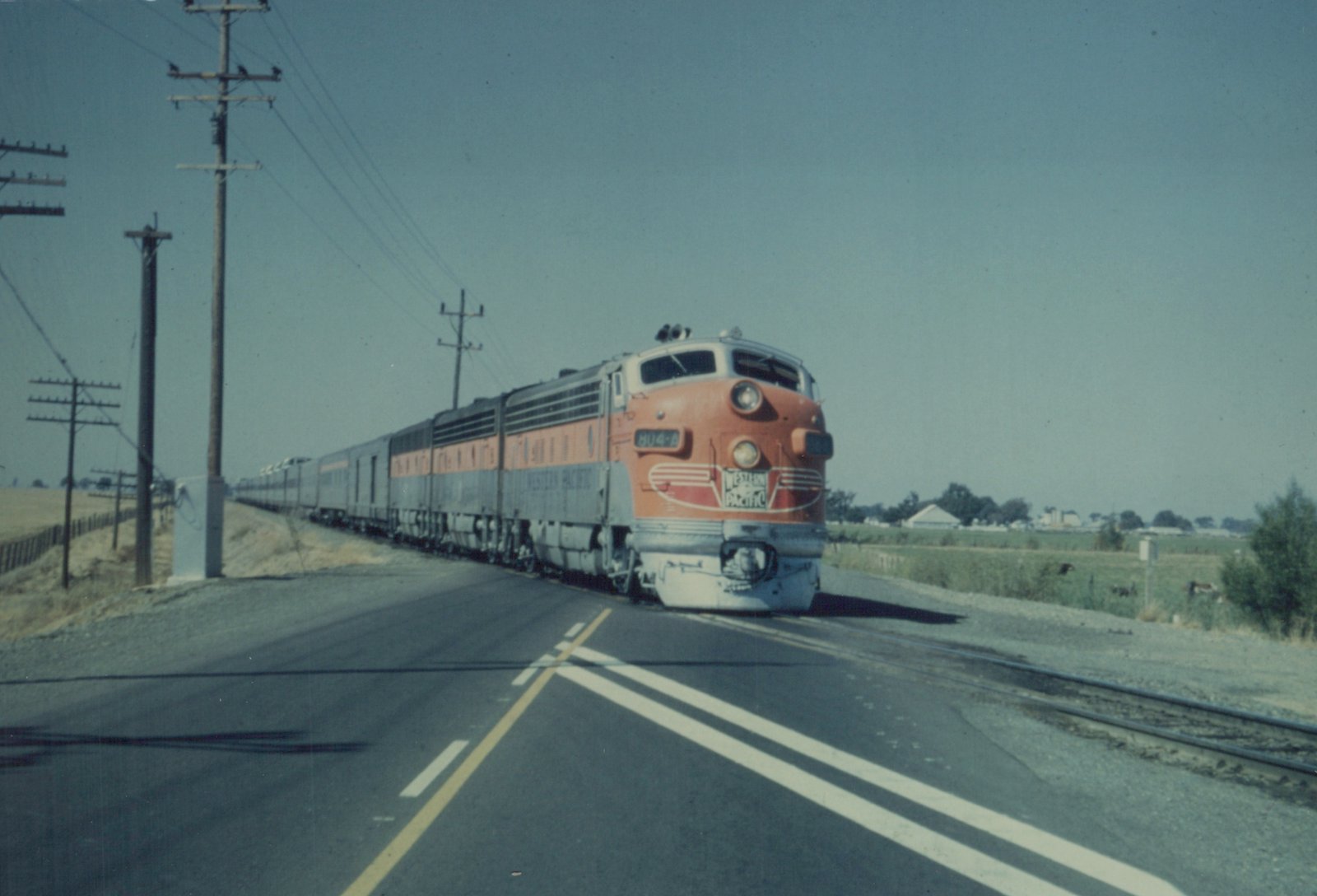 A red and silver Western Pacific diesel locomotive numbered 804-A is crossing a paved road, pulling a long line of passenger cars through a flat, rural landscape.