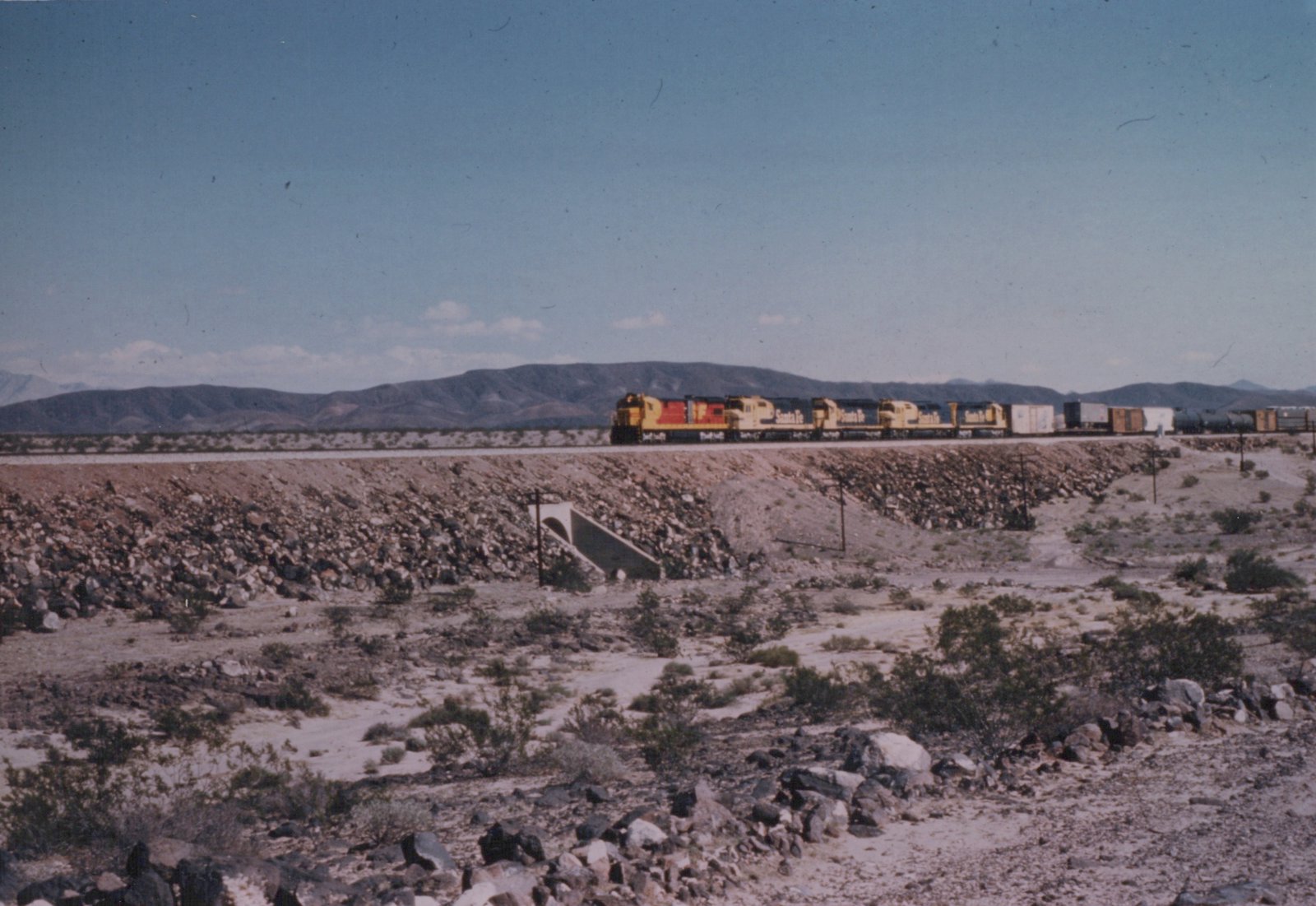 A long freight train with yellow and red locomotives moves along a track through a barren, rocky desert with distant mountains under a clear sky.
