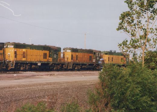 Three green and yellow diesel locomotives from the Chicago and North Western, numbered 4107 and 4209, are parked on tracks next to some trees and brush.