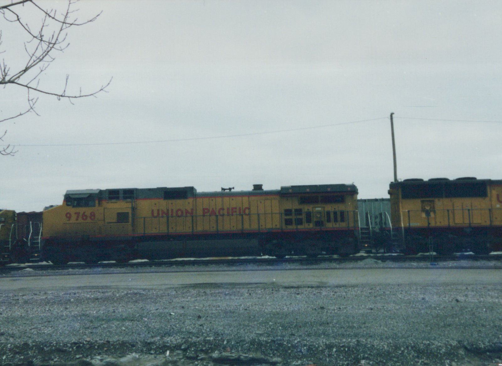 A yellow Union Pacific diesel locomotive with the number 9768 on its side sits on tracks in a gravel yard under an overcast sky, with bare tree branches visible in the top left corner.
