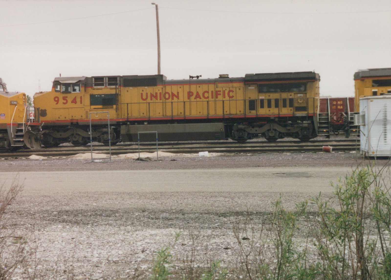 A side view of two yellow Union Pacific diesel locomotives, numbered 9541 and 9366, sitting on parallel tracks in a gravel yard with some weeds in the foreground.
