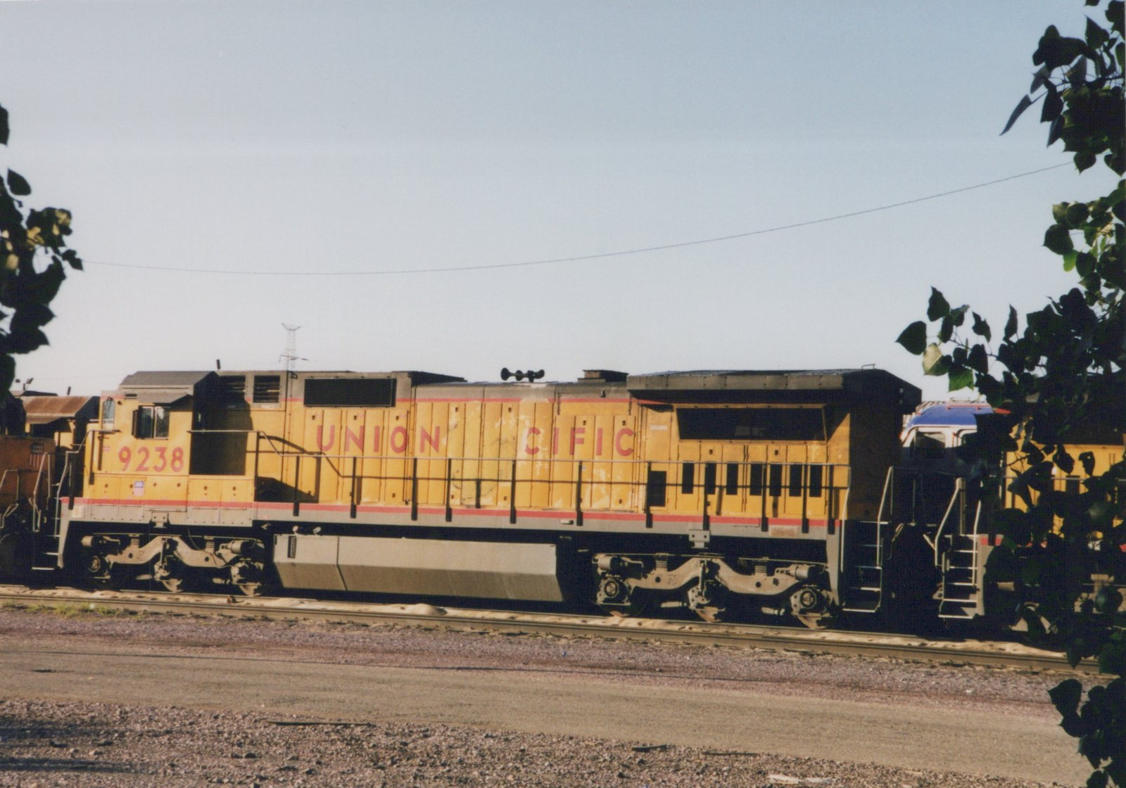 A yellow Union Pacific locomotive numbered 9238 is parked on tracks in a rail yard on a clear day, with trees framing the shot.