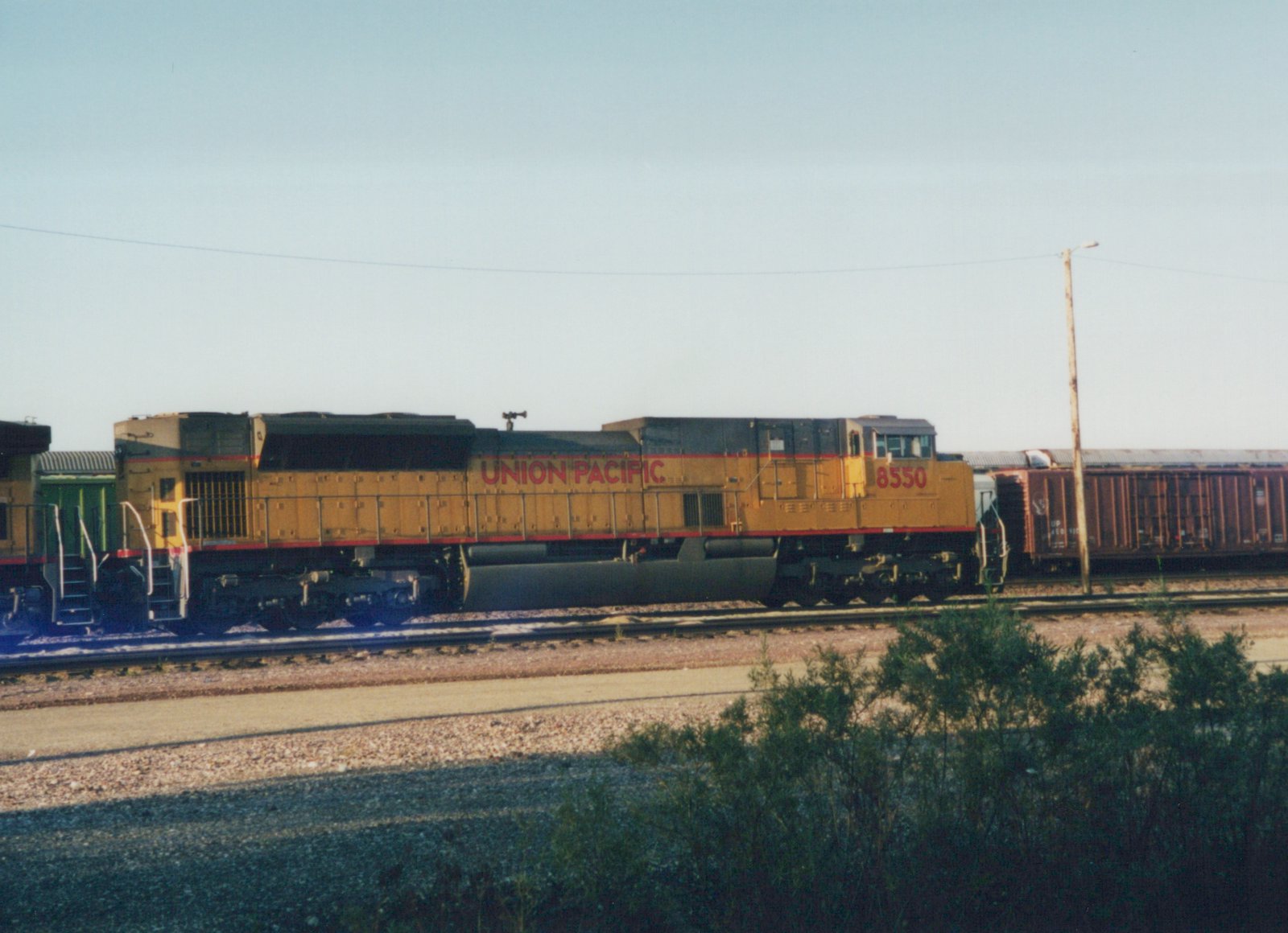 A Union Pacific diesel locomotive with the number 8550 is parked on a set of railroad tracks next to a brown freight car, with bushes in the foreground and a clear sky above.