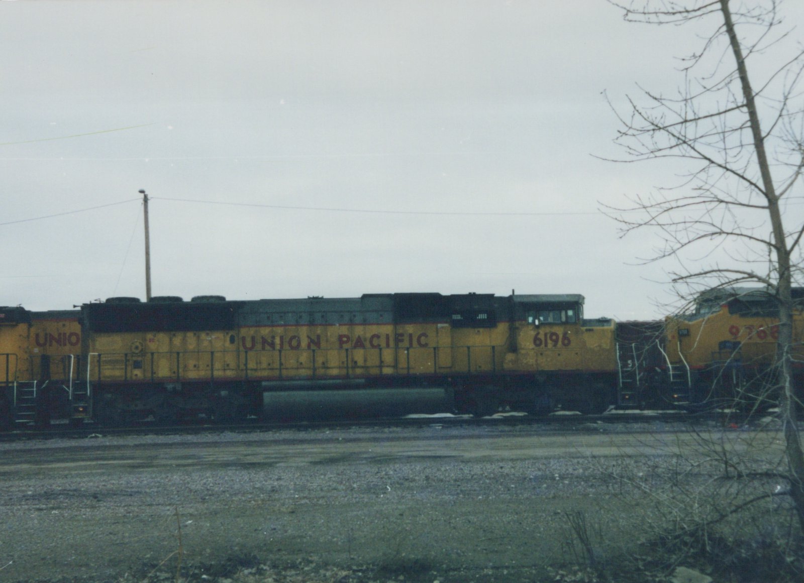 A side view of two yellow Union Pacific locomotives, numbered 6196 and 9768, parked in a gravel rail yard on a cloudy winter day.