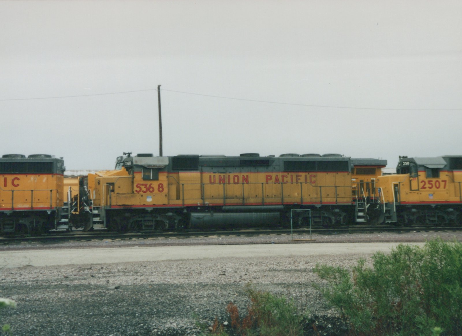 Three yellow and gray diesel locomotives, two Union Pacific and one Illinois Central, are parked side by side in a gravel rail yard on an overcast day.