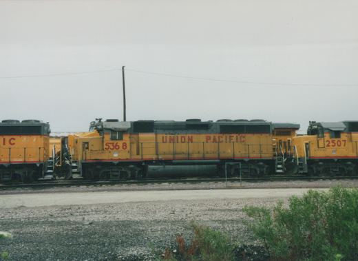 Three yellow and gray diesel locomotives, two Union Pacific and one Illinois Central, are parked side by side in a gravel rail yard on an overcast day.