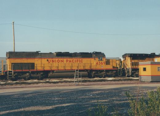 A yellow Union Pacific diesel locomotive numbered 4369 stands sideways in a rail yard, coupled to a second yellow locomotive, with autorack cars behind and a gravel road in front.