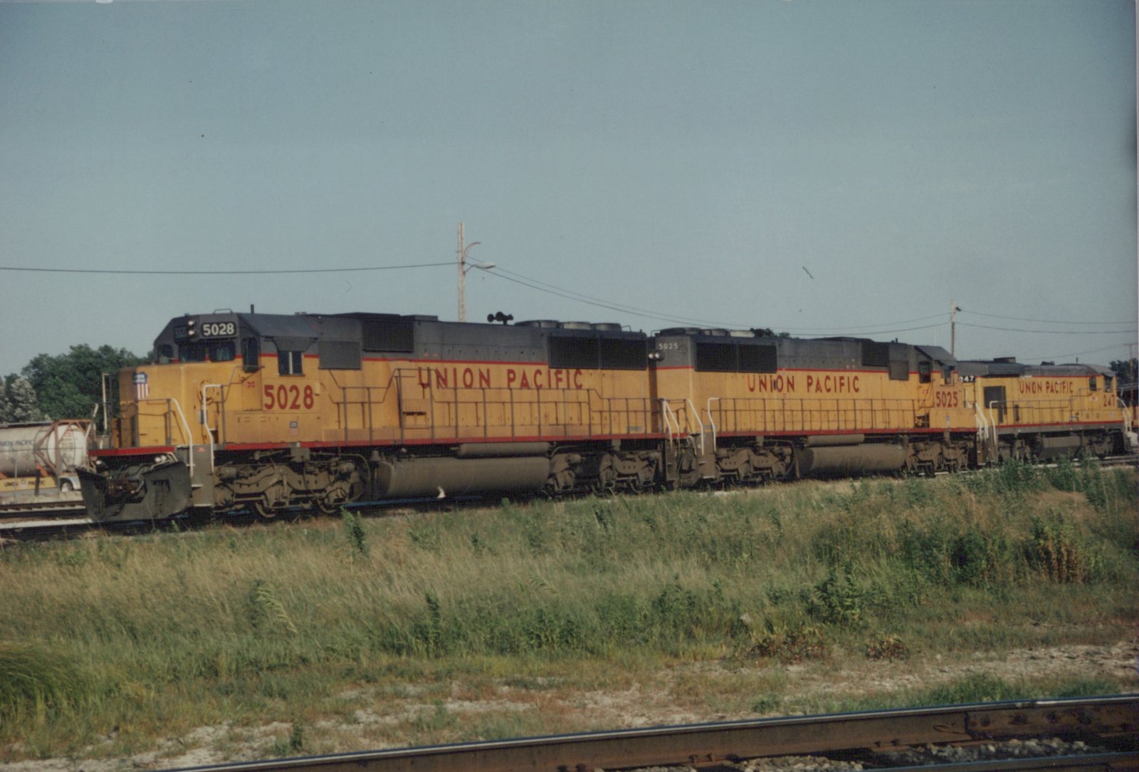 Three yellow-and-gray Union Pacific diesel locomotives stand on a track beyond a grassy embankment, with a container car at the left.