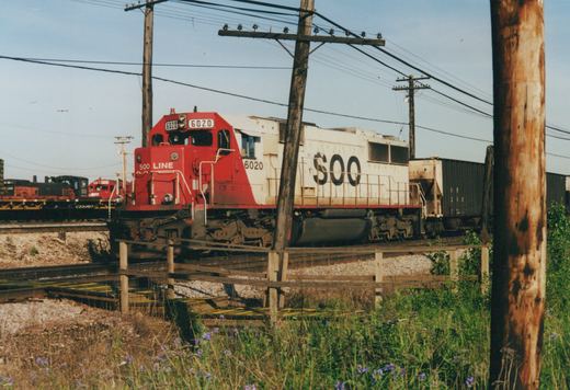 A red and white Soo Line locomotive numbered 6020 sits on a railroad track, with freight cars and utility poles in the background and wildflowers in the foreground.