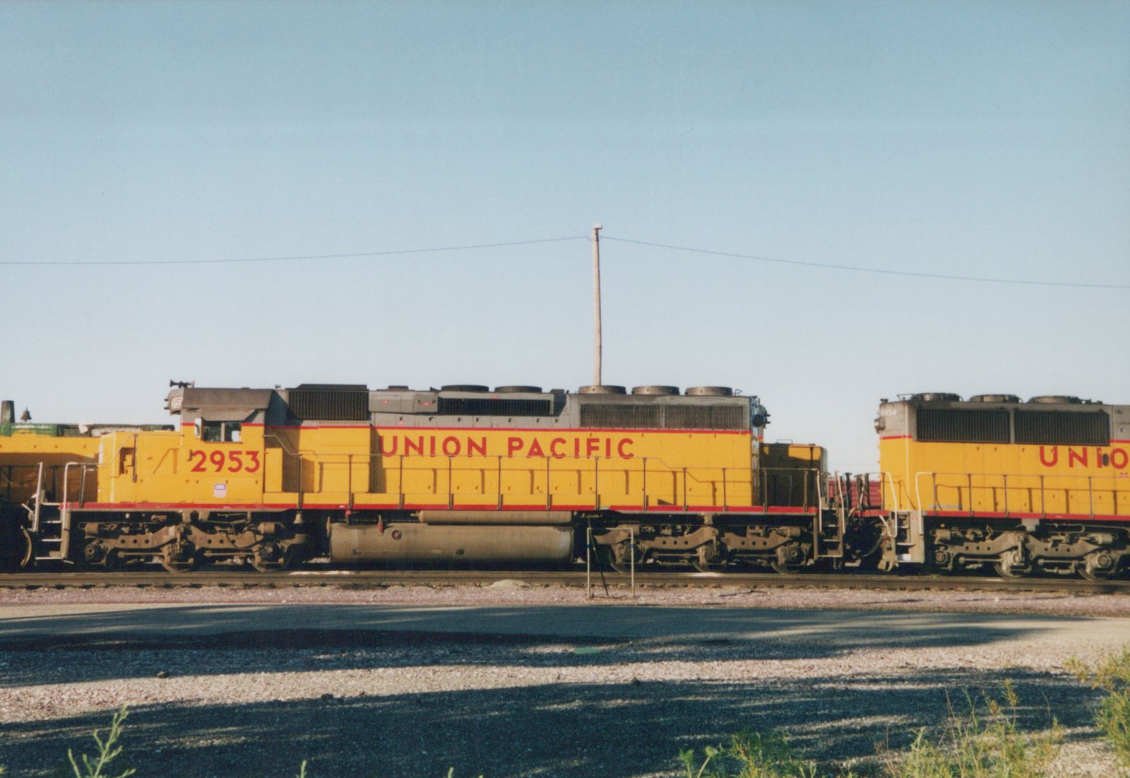 Side view of two yellow and red Union Pacific locomotives, numbered 2953 and 2954, standing on parallel tracks in a sunny, open yard.