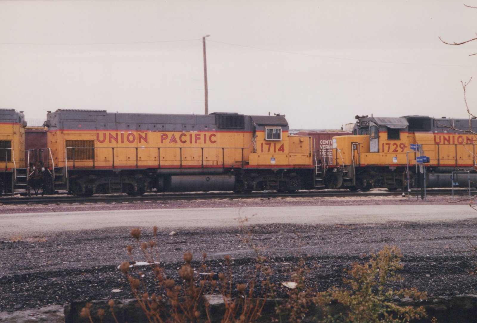 Two yellow and gray Union Pacific diesel locomotives, numbers 1714 and 1729, are parked on parallel tracks in a gravel yard with bare brush in the foreground.