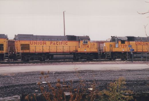 Two yellow and gray Union Pacific diesel locomotives, numbers 1714 and 1729, are parked on parallel tracks in a gravel yard with bare brush in the foreground.