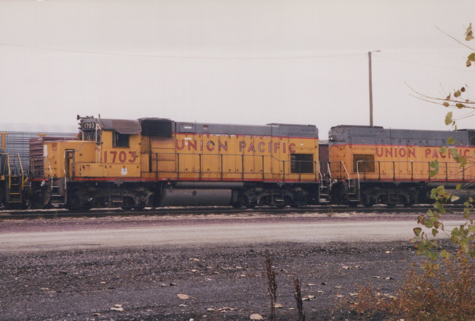 Two yellow and red Union Pacific diesel locomotives, numbered 1703 and 1714, sit side-by-side on a railroad track in a gravel yard with sparse vegetation and an overcast sky.
