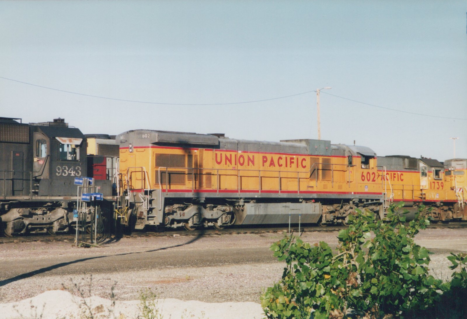 Three Union Pacific diesel locomotives in a gravel yard under a clear blue sky, with green bushes in the foreground.