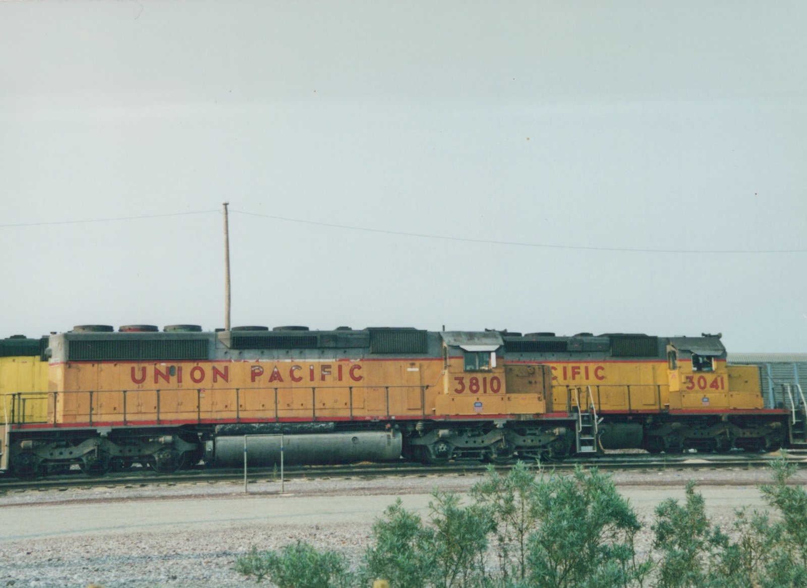 Two yellow Union Pacific diesel locomotives, numbered 3810 and 3041, are coupled together on a railroad track in a gravel yard under an overcast sky.