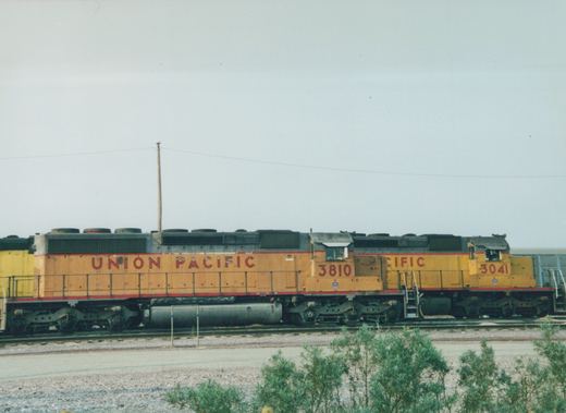 Two yellow Union Pacific diesel locomotives, numbered 3810 and 3041, are coupled together on a railroad track in a gravel yard under an overcast sky.
