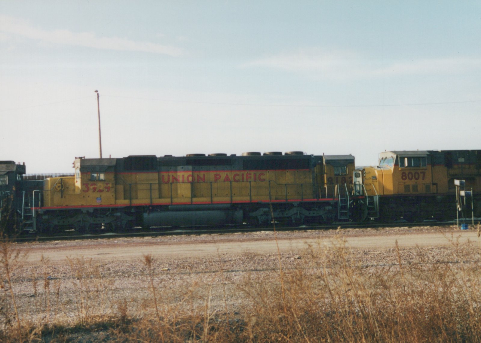Side view of two yellow Union Pacific diesel locomotives on a track, with dry grass in the foreground.