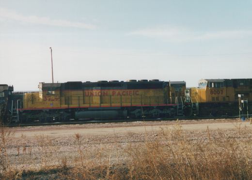 Side view of two yellow Union Pacific diesel locomotives on a track, with dry grass in the foreground.