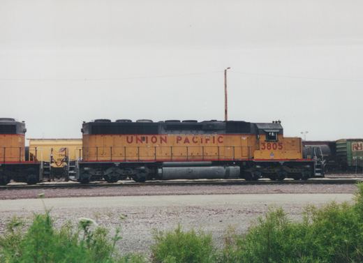 Side view of a yellow and black Union Pacific diesel locomotive number 3805 standing in a railroad yard with other freight cars visible in the background under an overcast sky.