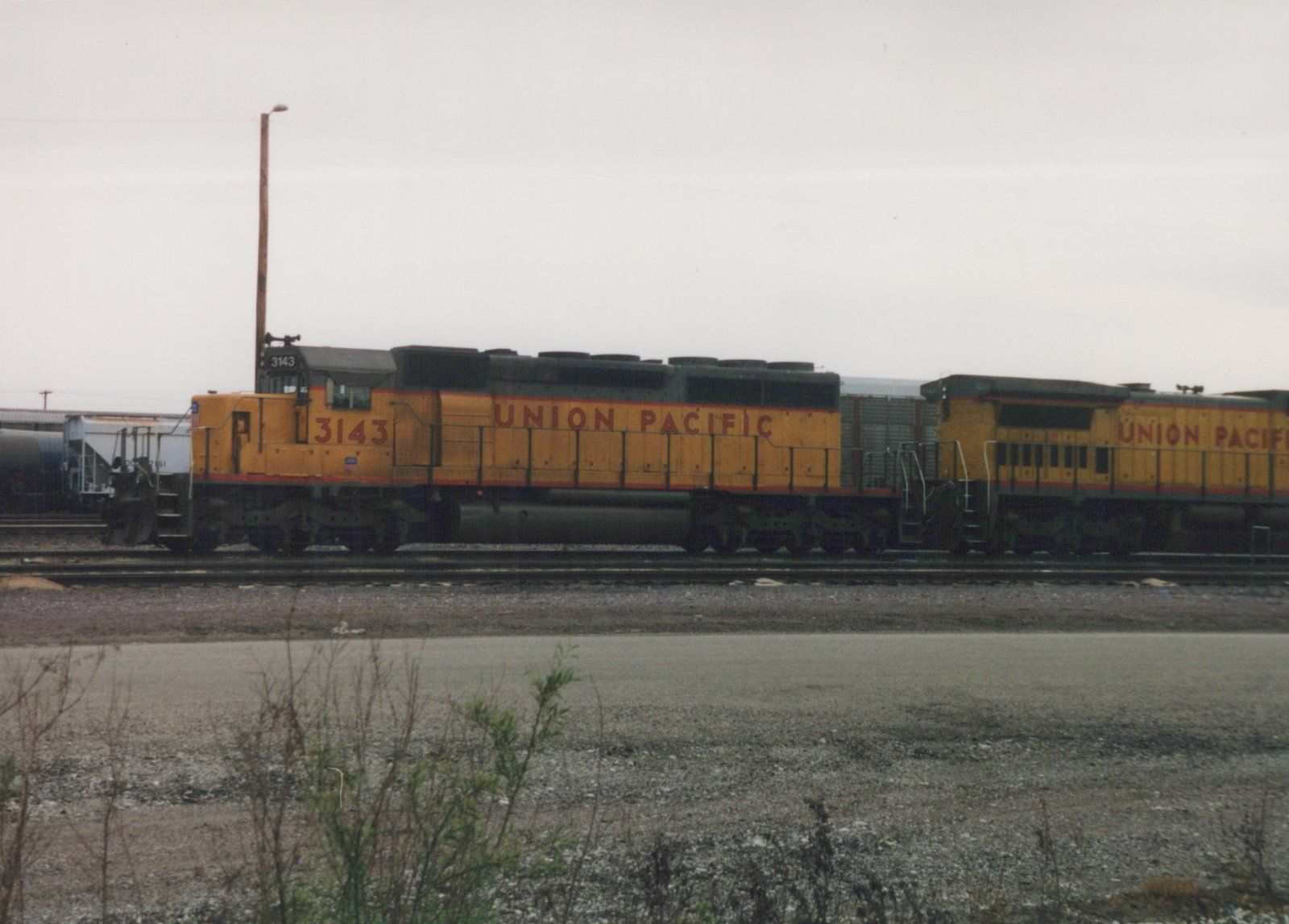 Two yellow Union Pacific diesel locomotives, the lead one numbered 3143, are parked side by side on tracks in a gravel yard.