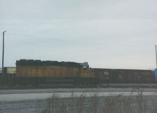 A yellow and black Union Pacific diesel locomotive pulling a dark brown freight car on a cloudy day in a rail yard, with one person standing near the tracks.