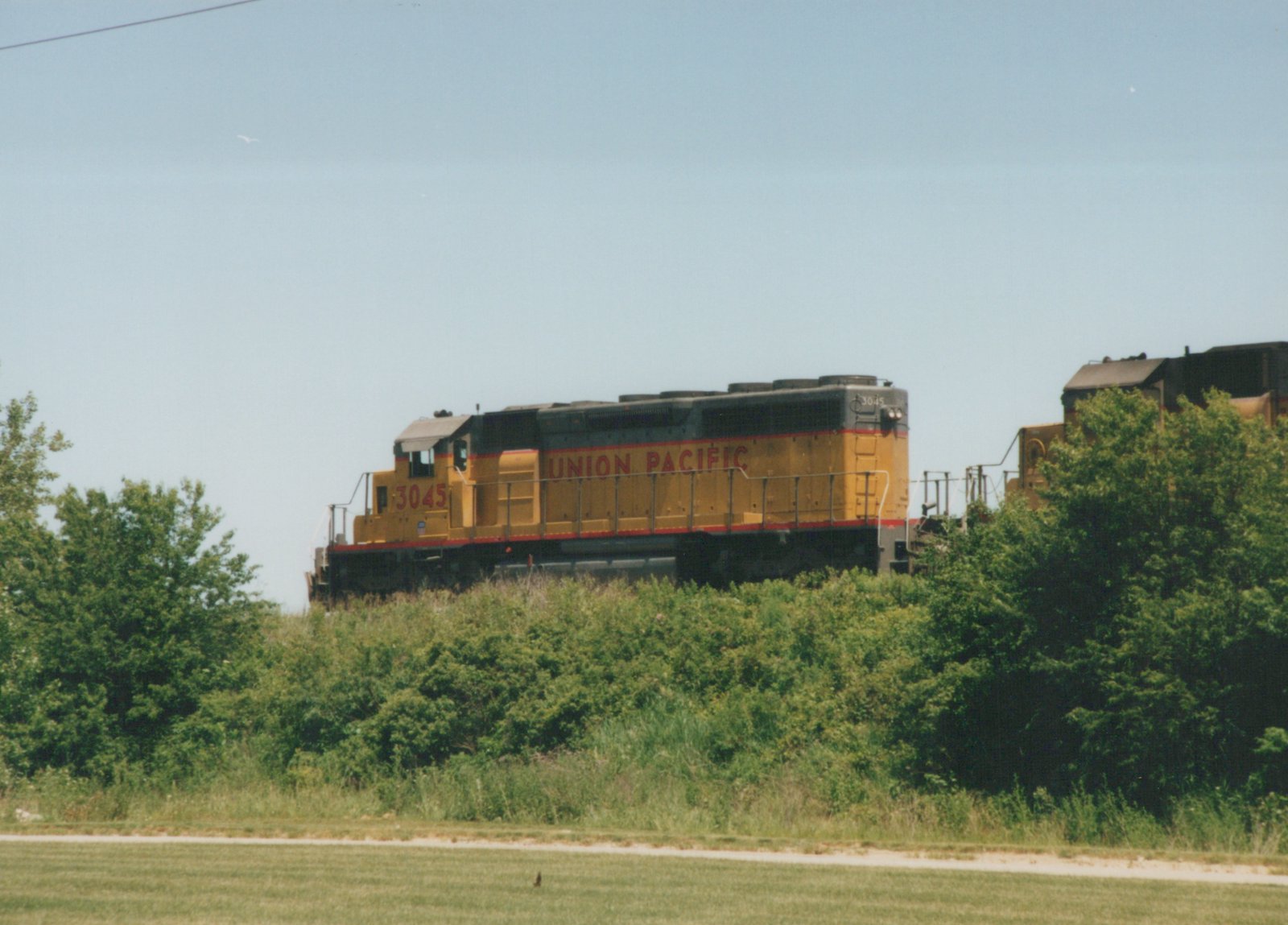 A yellow and gray Union Pacific locomotive with the number 3045 on its side is seen traveling through a grassy area with trees in the background.