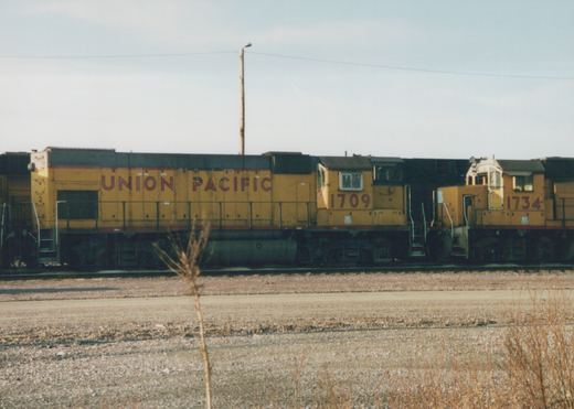 Two yellow Union Pacific diesel locomotives with numbers 1709 and 1734 sit on railroad tracks in a gravel yard, with dry grass in the foreground and a clear sky above.