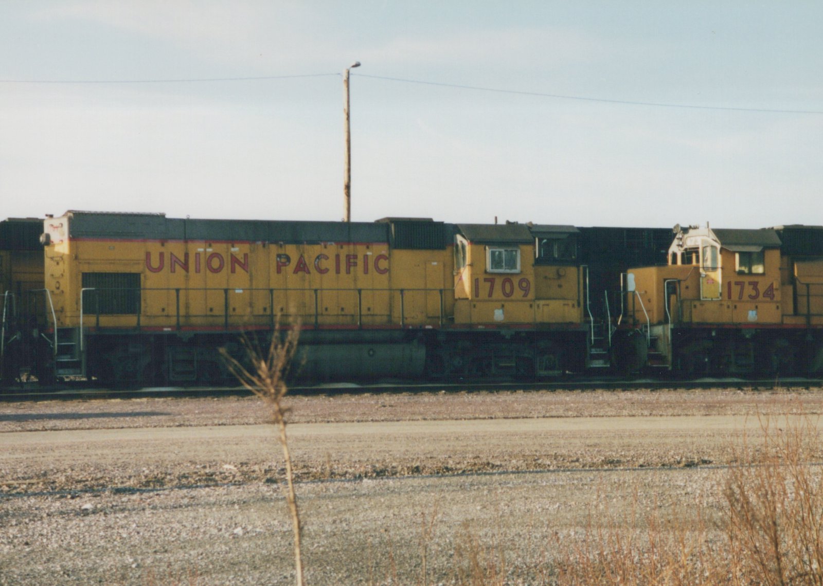 Two yellow Union Pacific diesel locomotives with numbers 1709 and 1734 sit on railroad tracks in a gravel yard, with dry grass in the foreground and a clear sky above.