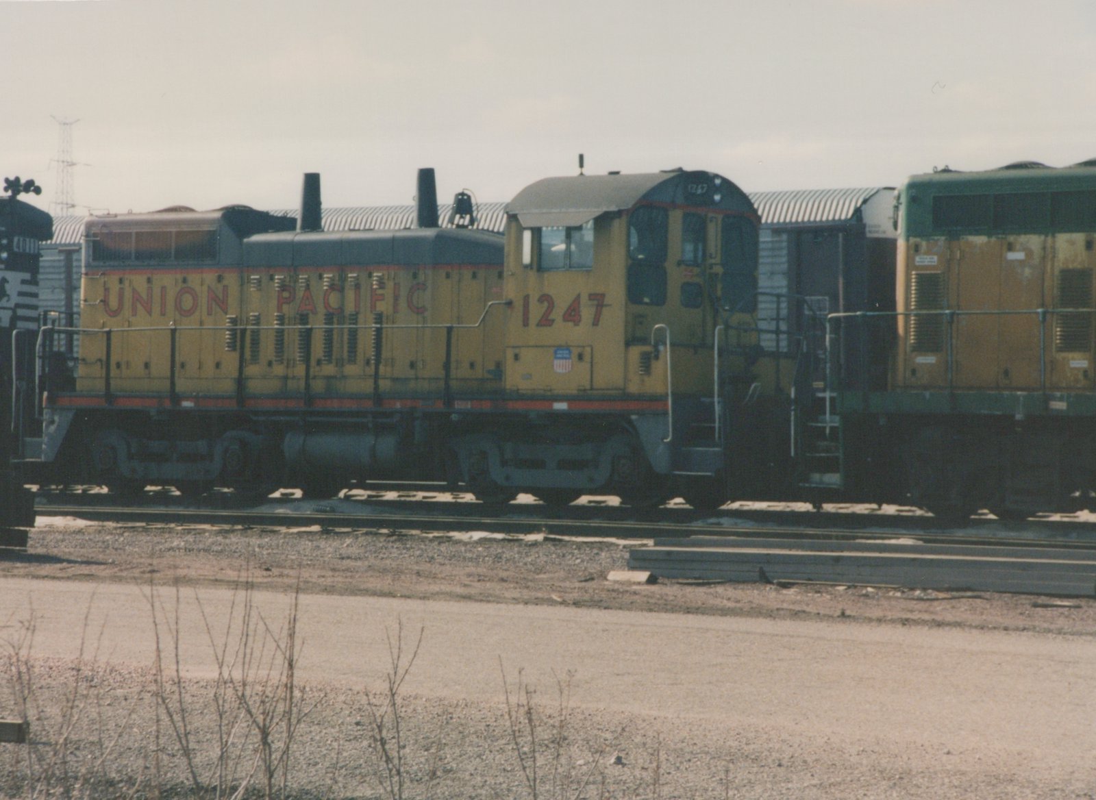 A yellow and gray Union Pacific diesel locomotive, number 1247, is sitting on tracks in a yard, with a second locomotive coupled behind it.