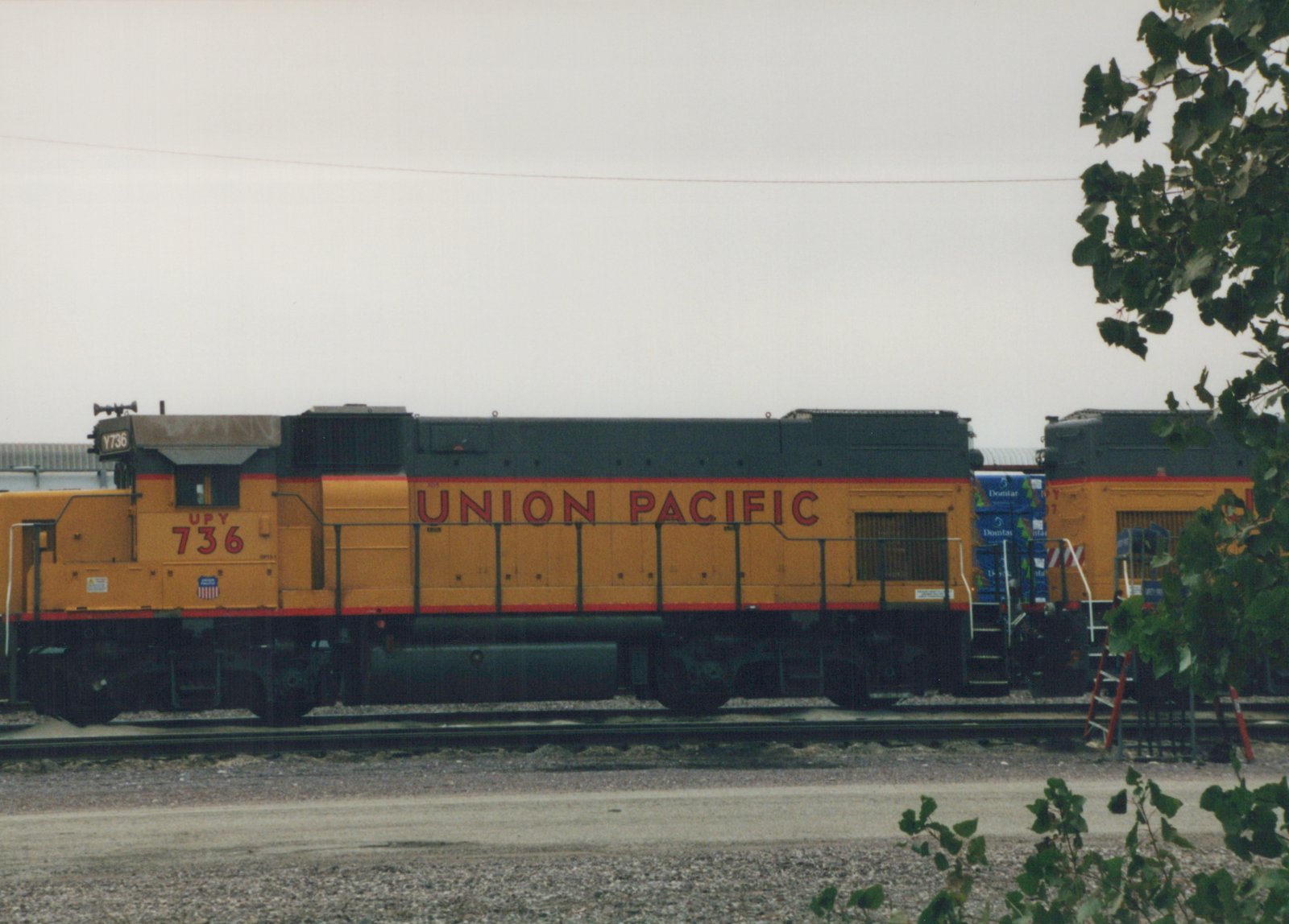 Side view of a yellow and black Union Pacific locomotive with the number 736, parked on tracks in a yard with another locomotive behind it.
