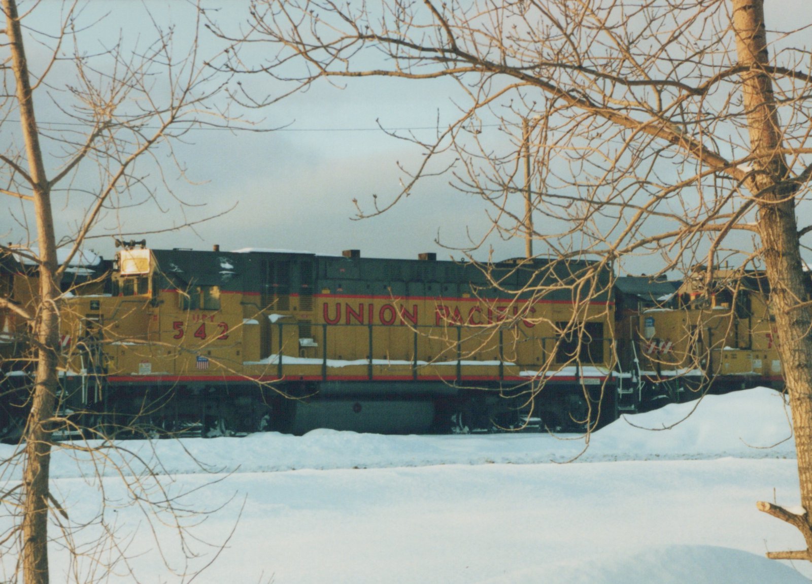 A yellow and red Union Pacific diesel locomotive numbered 542 sits on a track in a snowy landscape, framed by bare tree branches.