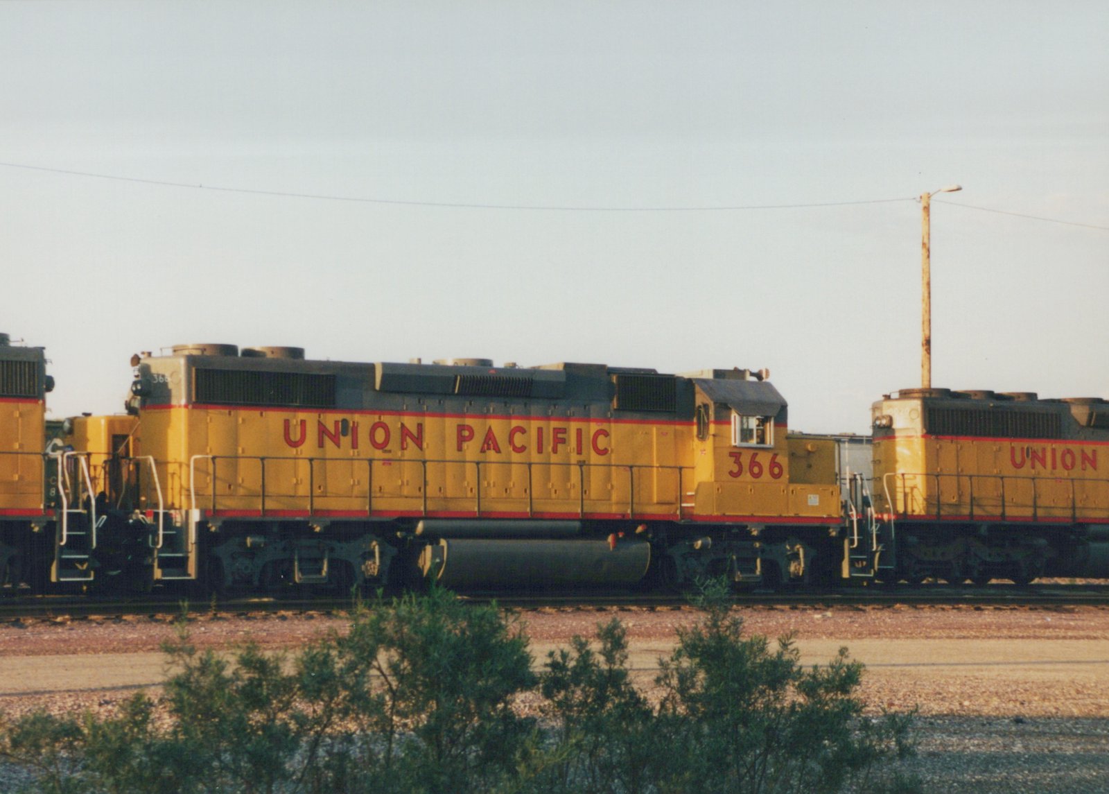 Three yellow Union Pacific diesel locomotives are parked on tracks in a yard under a clear sky, with the lead unit numbered 366.