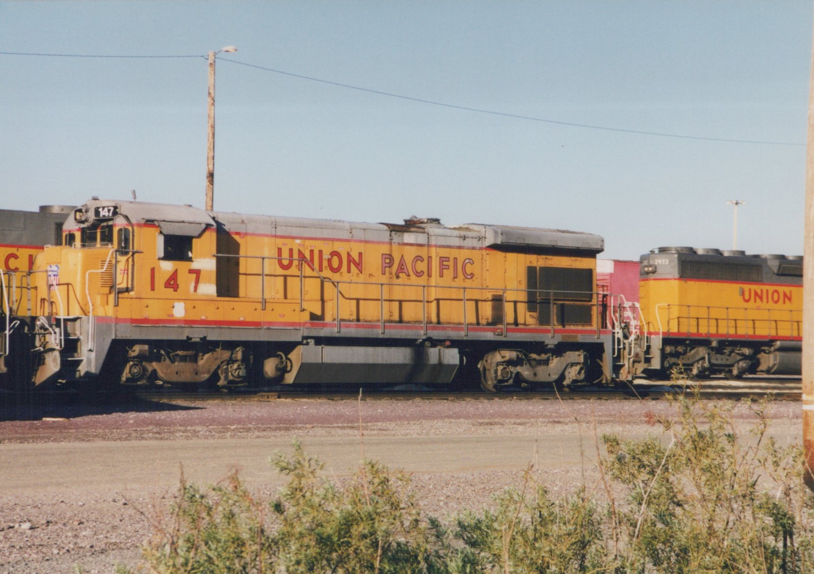 Two yellow Union Pacific diesel locomotives, numbered 147 and 2973, are parked on parallel tracks in a gravel yard under a clear blue sky.