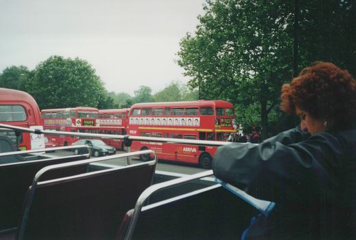 A woman sits on an open-top bus, looking down, with several red double-decker buses visible on a tree-lined London street in the background under a gray sky.