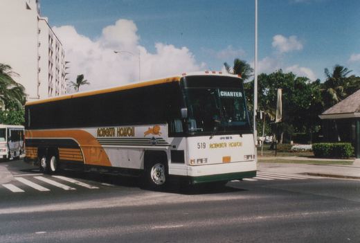 A white and orange motor bus with 'Roberts Hawaii' lettering and a lion logo, marked as 'CHARTER', travels down a street lined with palm trees and a modern building in the background.
