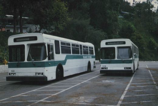 Two white and green transit buses, one with the fleet number 1131 and the other 1119, are parked in a paved lot with trees and a building in the background. The bus on the right displays 'Hollywood Bowl Shuttle' on its front sign.