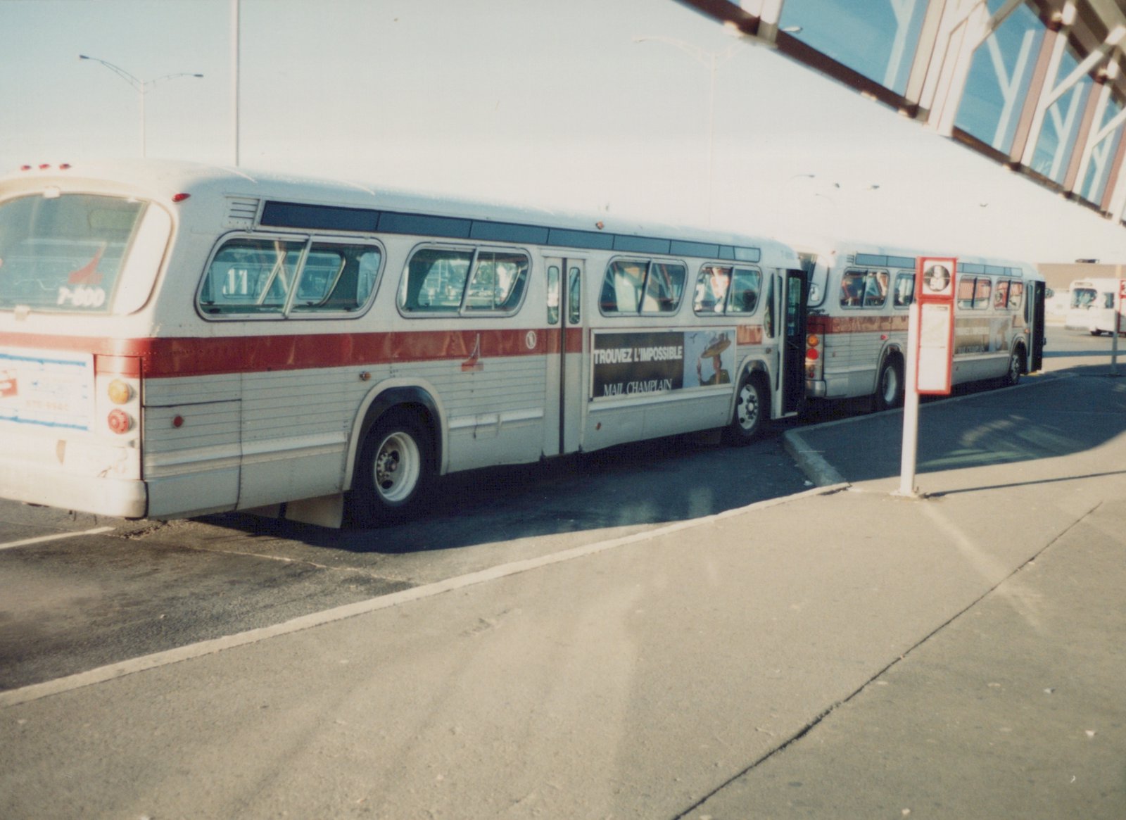 Side view of two white and red Flxible New Look buses from the Montreal transit system, with bus 7-800 clearly visible, parked alongside a street under a bridge on a clear day.