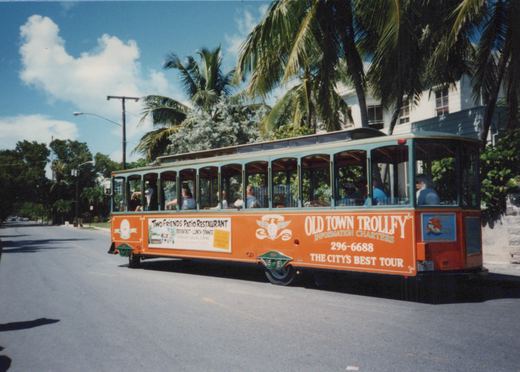 A side view of an orange and light blue Old Town Trolley motor bus with passengers riding, moving down a sunny street with palm trees and buildings in the background.