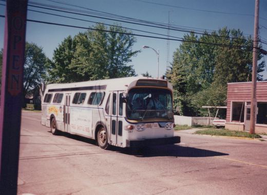 A white bus with 'Pirate's Cove Free Shuttle Bus' lettering and the number 287 on the front drives down a street lined with trees and power lines on a clear, sunny day.