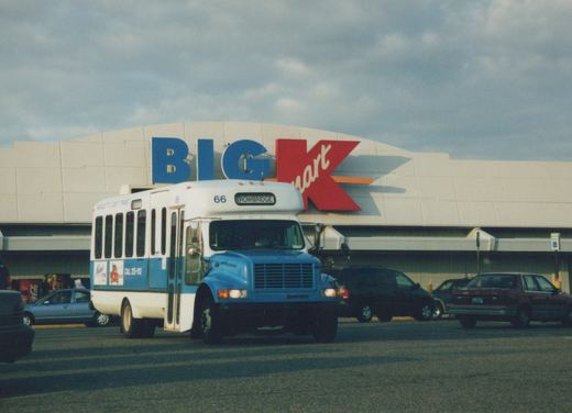 A white and blue Marquette County Transit bus, number 66, with 'TROWBRIDGE' on its destination sign, is parked in a lot in front of a BIG K mart store on an overcast day.