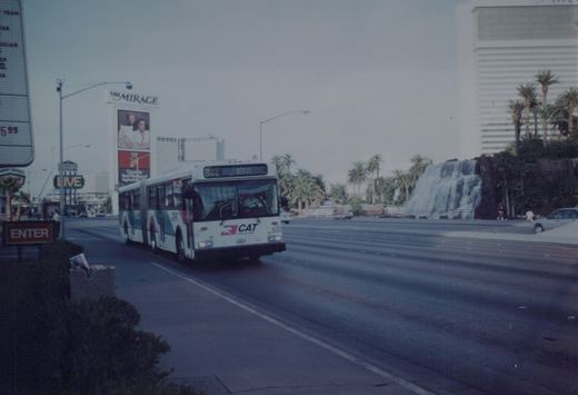 A white and teal CAT bus numbered 503 on a Las Vegas street, with The Mirage hotel and waterfall visible behind it, under an overcast sky.