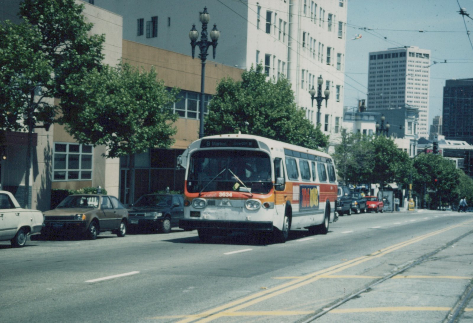 A white and orange city bus with the number 3634 and route 8 Market travels down a tree-lined urban street with trolley wires overhead and cars parked along the curb.