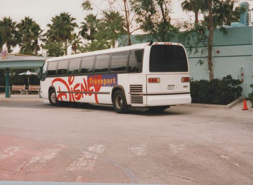 A white Disney Transport motor bus with the number 4805 is parked on a concrete lot, viewed from the three-quarter rear. The side displays red 'Disney' lettering and a purple 'Transport' banner. Palm trees and a building are visible in the background.