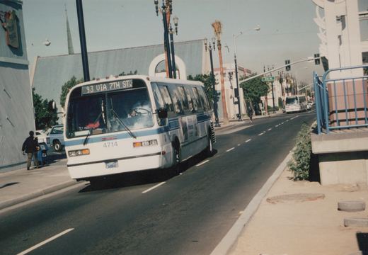 White and blue bus with route 93 via 7th St on its sign, driving down a street with palm trees and a '5th St' sign visible, with another similar bus in the background.
