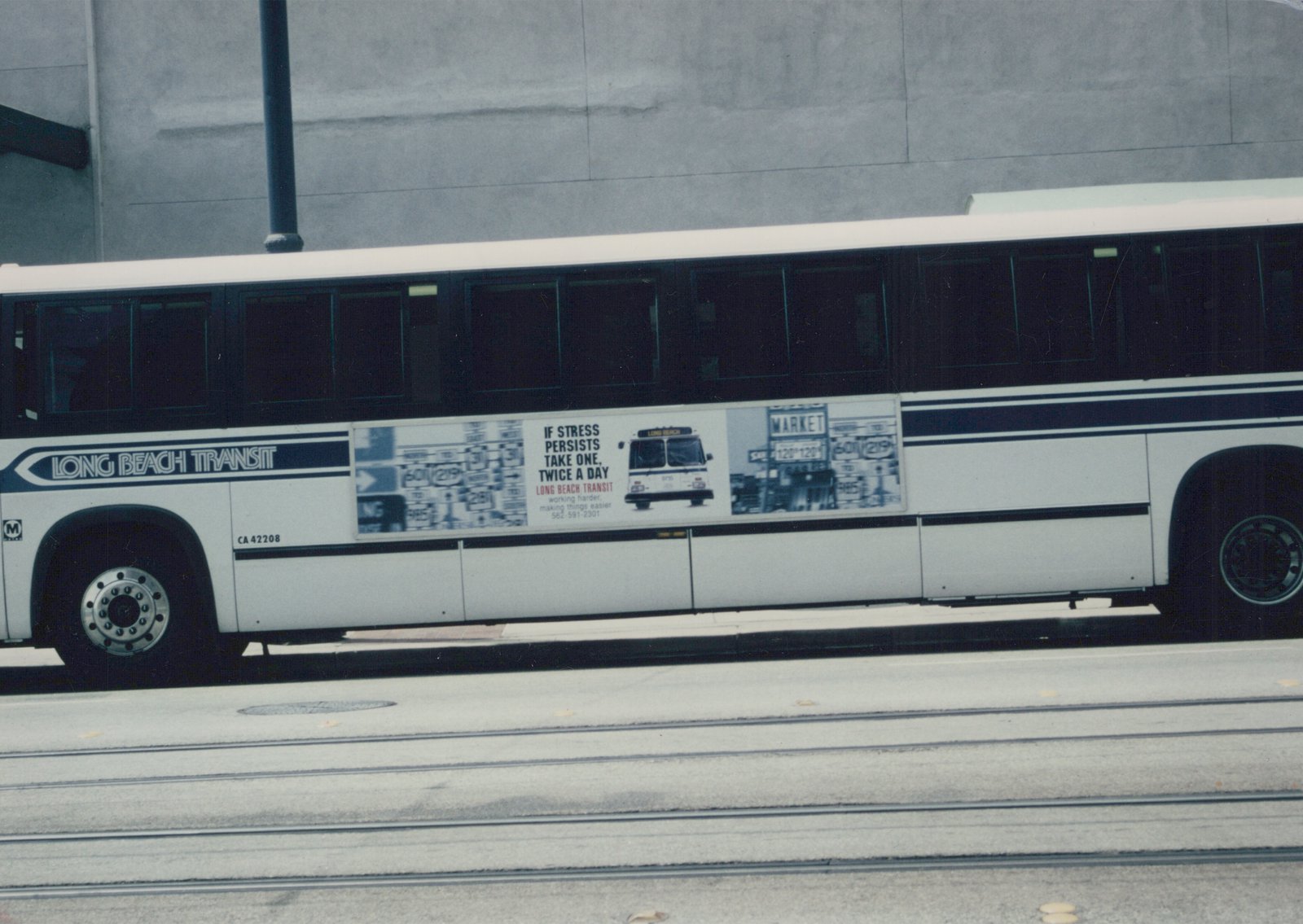 A white and blue Long Beach Transit bus, fleet number CA 42208, is parked on a street with trolley tracks, displaying an advertisement on its side.