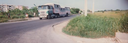 An articulated bus painted in pink, white, and green with a TOCA logo drives on a paved road with grass on the side and a few pedestrians nearby.